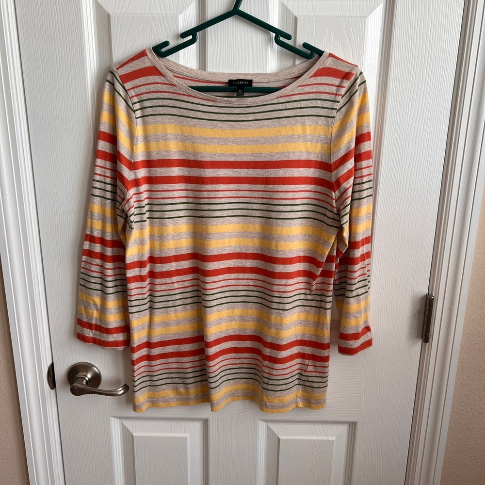 Talbots Striped Top 3/4 Sleeve Crew Neck‎ Cotton Blend Ladies Shirt Medium